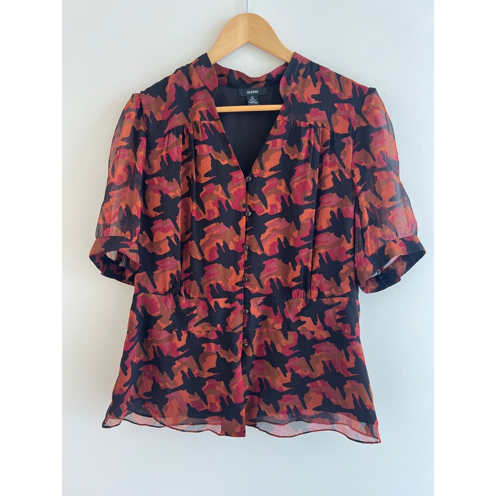 Alfani 12 Silk Blouse Abstract Print Peplum Top Fall Statement Office Feminine